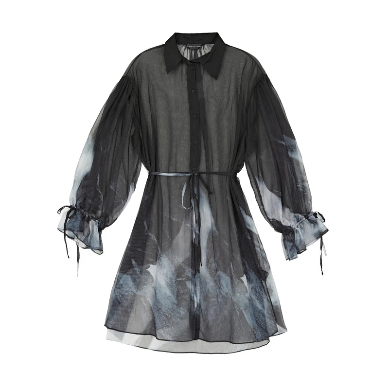 圣迪奥女装时尚休闲收腰晕染抽绳衬衫连衣裙S22281204