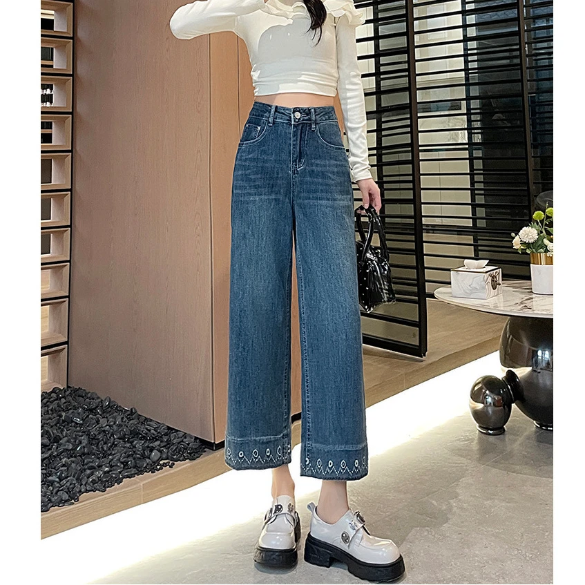 刺绣高腰阔腿牛仔裤女2025新款秋季直筒宽松显瘦小个子窄版直筒裤