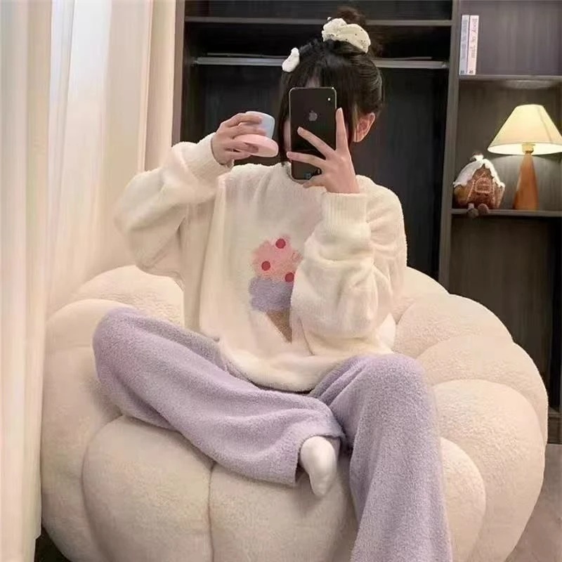 2025冬季新款加绒加厚睡衣女宽松加绒保暖休闲家居服套装