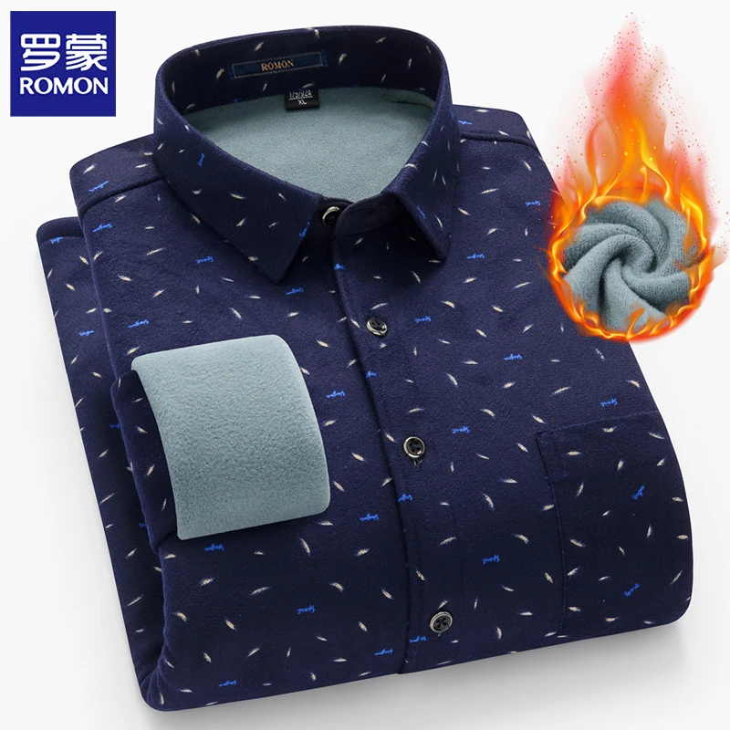 罗蒙男士保暖衬衫冬季加绒加厚大码休闲条纹格子宽松商务长袖衬衣