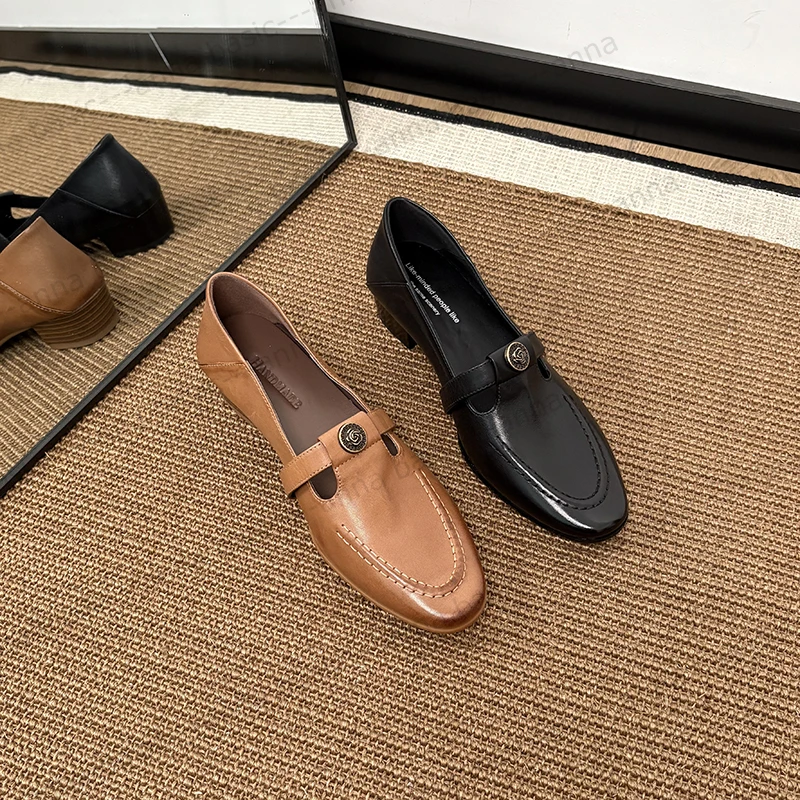 3cm/UE1940牛皮圆头粗跟单鞋女春秋百搭中跟小皮鞋复古玛丽珍鞋