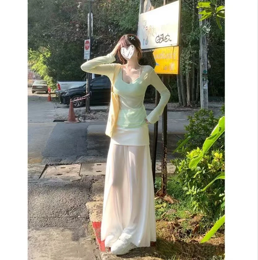 【清迈雨季】甜美温柔风舒适透气浅绿色春季薄款防晒上衣裙子三件套