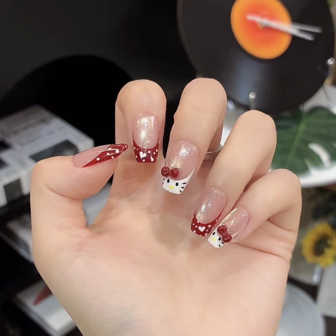 【KITTY】鹿鹿家-纯手工穿戴甲手绘Kitty猫法式跳色X