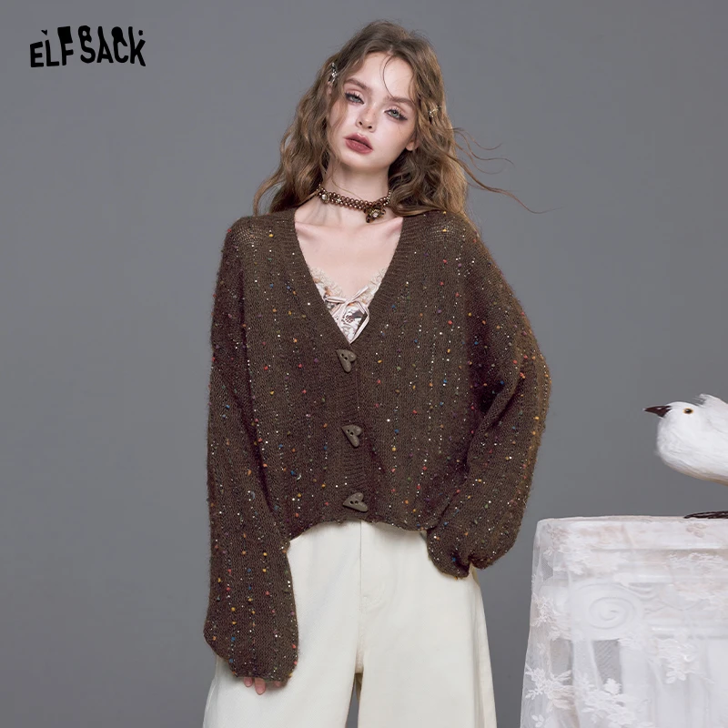 妖精的口袋v领爱心纽扣设计毛衣2025秋季新款软糯宽松韩版休闲