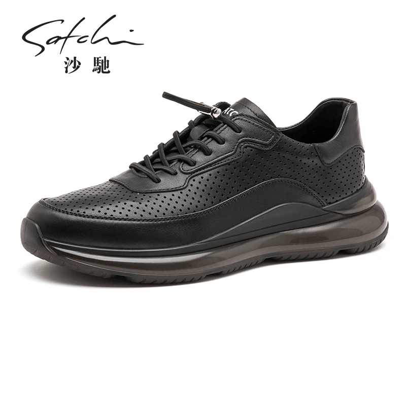 沙驰男鞋2025夏季新款运动休闲鞋日常男士打孔皮透气牛皮气垫鞋舒