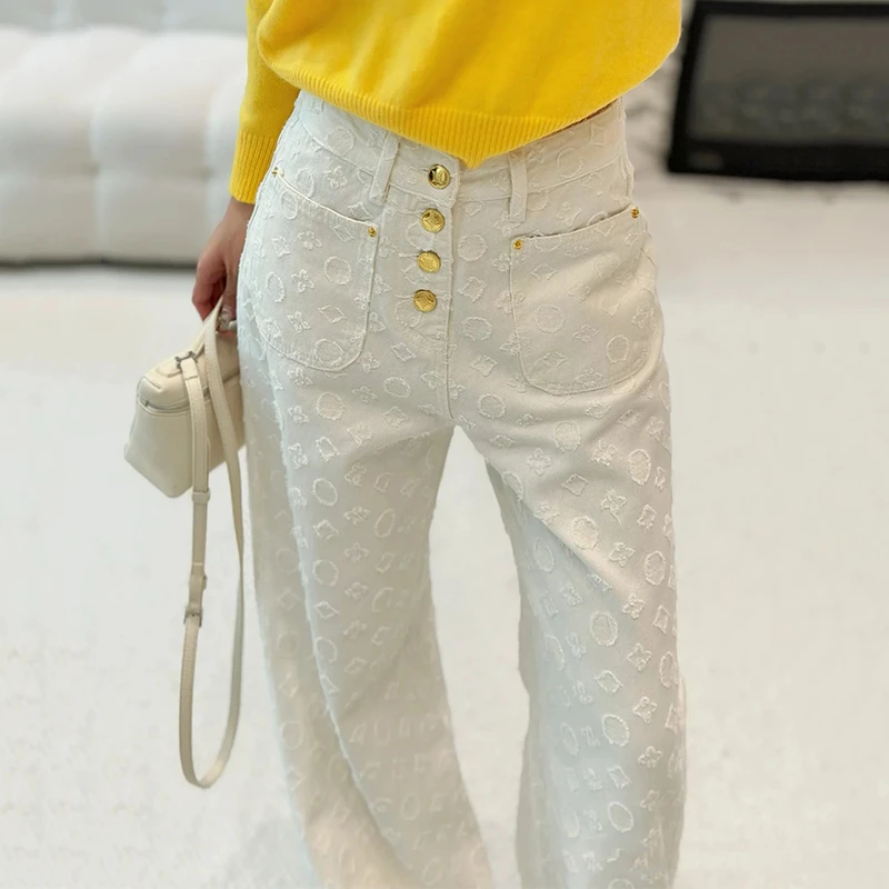 轻奢欧货提花阔腿裤女高腰显瘦时尚气质百搭直筒白色牛仔裤ck7801