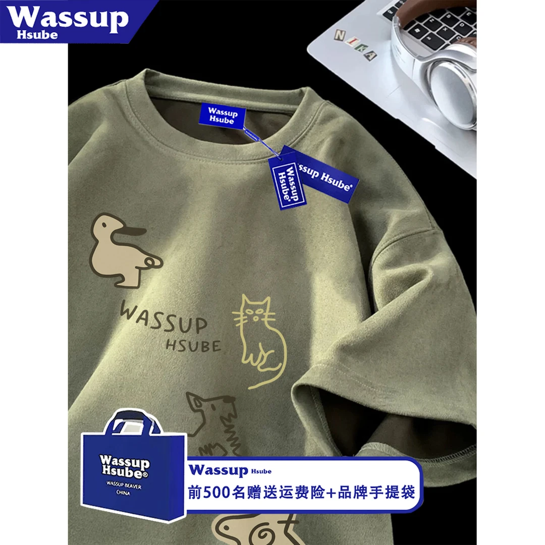 WASSUP HSUBE日系复古短袖T恤男夏季卡通印花宽松肌理感上衣服女