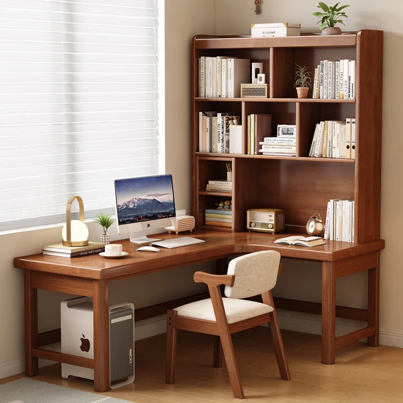 实木转角L型书桌书架一体家用电脑桌台式桌椅写字办公书房拐角桌