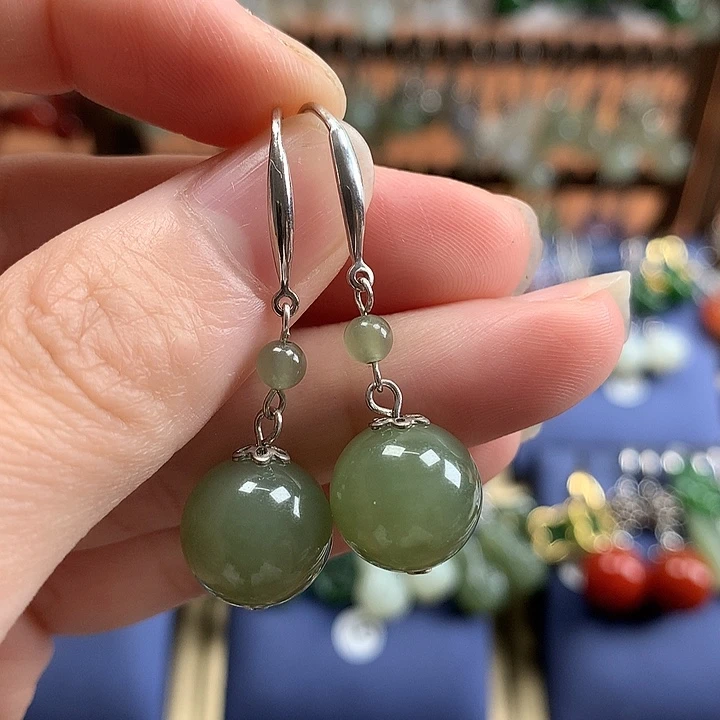 和田玉银S925镶嵌耳饰12左右湖水绿