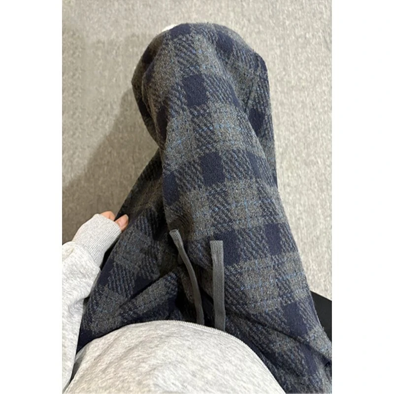 美式复古毛呢格子裤男款慵懒风加绒垂感卫裤高级感休闲宽松直筒裤