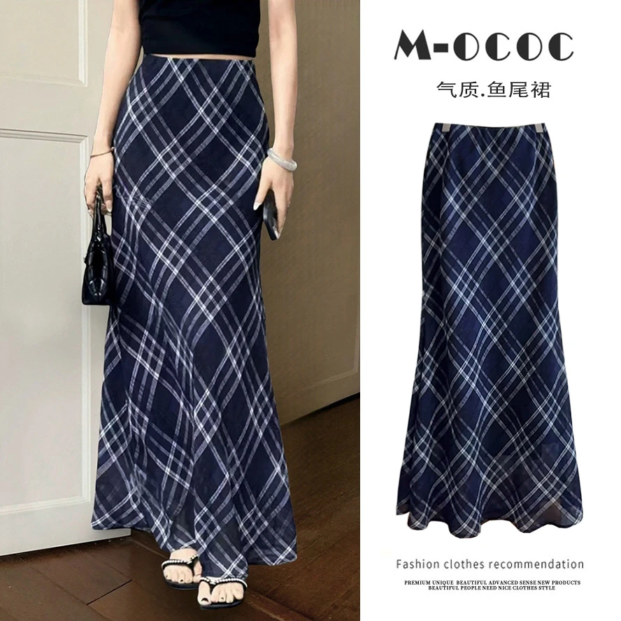 复古文艺蓝调轻薄纱质感格纹半身裙女鱼尾裙夏季显瘦格子气质长裙