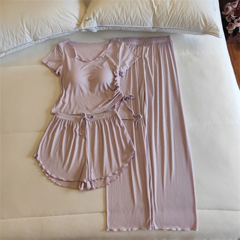 莫代尔带胸垫睡衣女春夏季薄款短袖短裤长裤性感网红风家居服套装