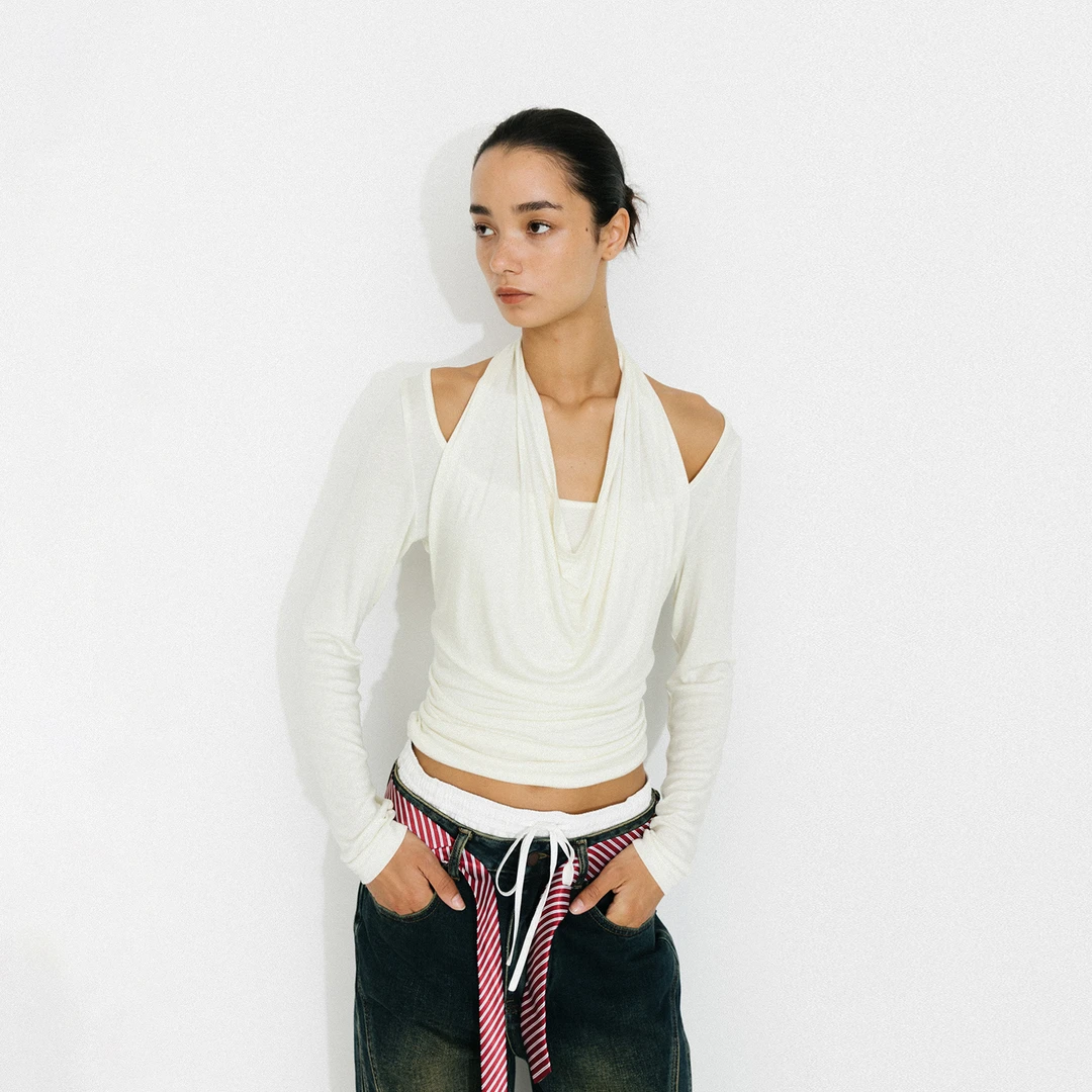 CUBIC随性慵懒感挂脖假两件短款收腰廓形薄款长袖上衣