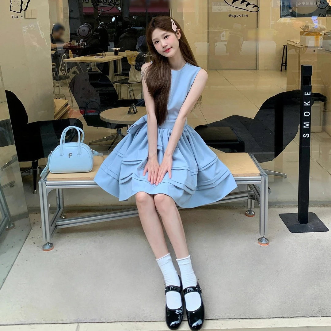 蓝色a字法式高级感无袖连衣裙女夏季收腰显瘦夏日绝美小裙子短裙