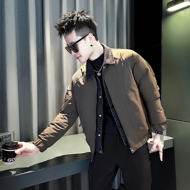 男士假两件棉衣外套潮牌拼接牛仔翻领袄子冬季2025新款设计感棉服