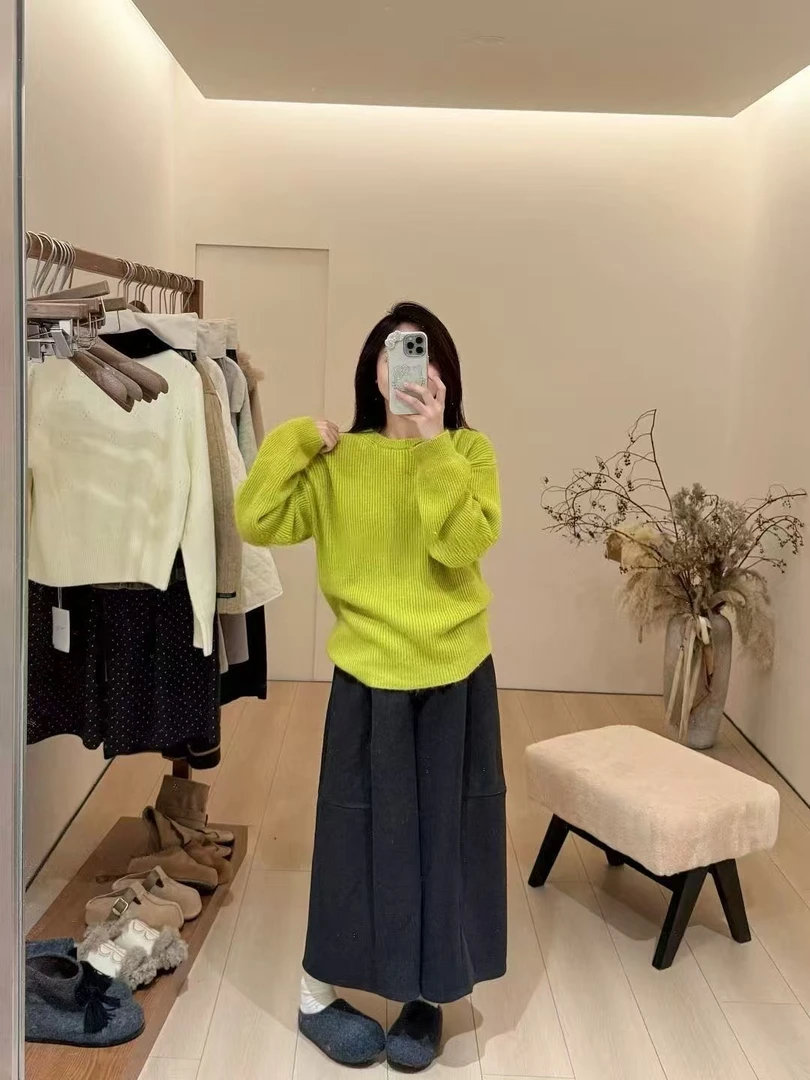 2026秋冬新款韩系气质复古绿色圆领针织衫高腰阔腿裤显瘦两件套