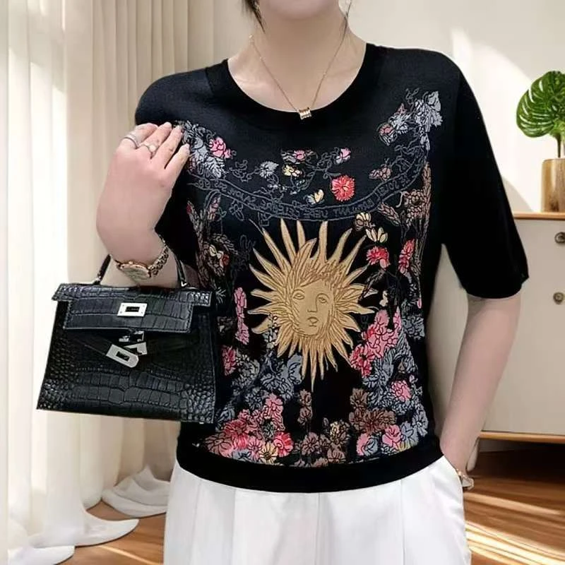 丝滑垂顺短袖小衫减龄百搭印花上衣女夏季新宽松显瘦针织衫