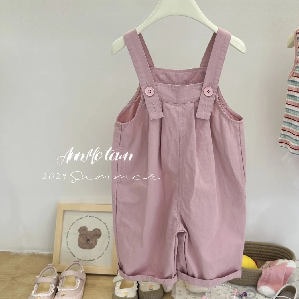 2025韩版夏新款女童外穿薄款时尚粉色背带裤条纹背心韩版套装潮款