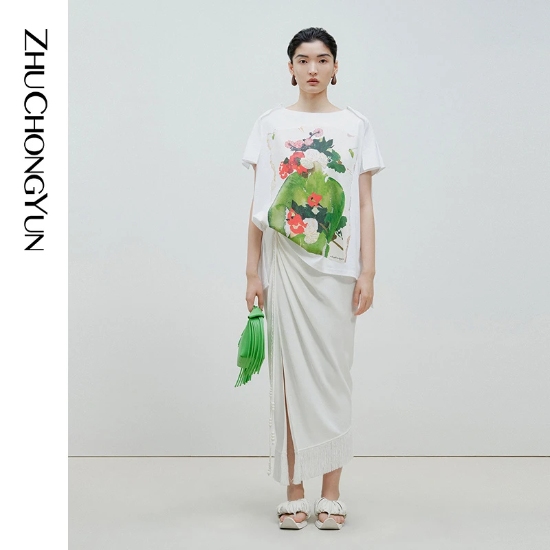 【冬姐精选】ZHUCHONGYUN夏新款印花不规则短袖上衣