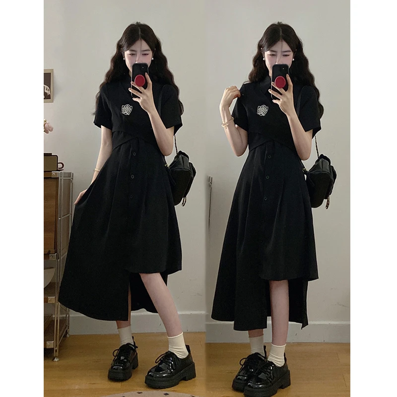 大码女装黑色学院风连衣裙胖mm修身显瘦不规则裙摆设计感法式裙子