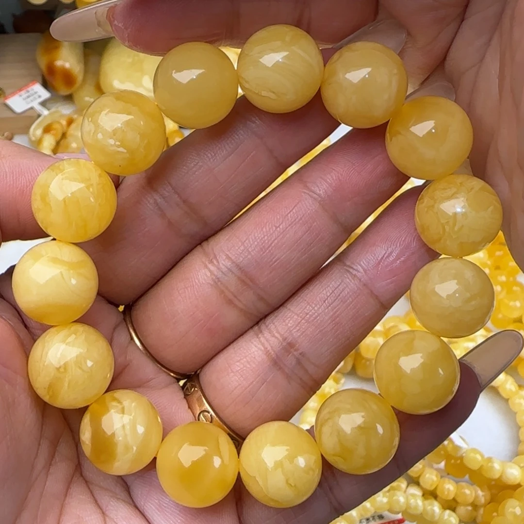 蜜蜡未镶嵌手链鸡油黄圆珠手串