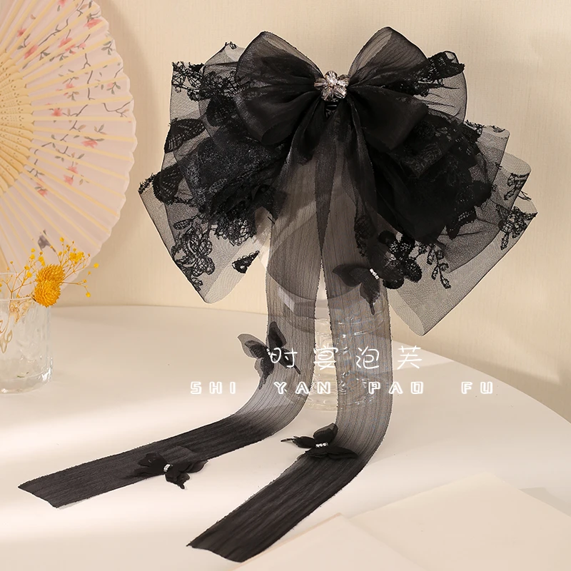 【落落芳华】马尾夹薄纱重工刺绣蝴蝶发饰晶晶蝴蝶结流苏马尾顶夹女