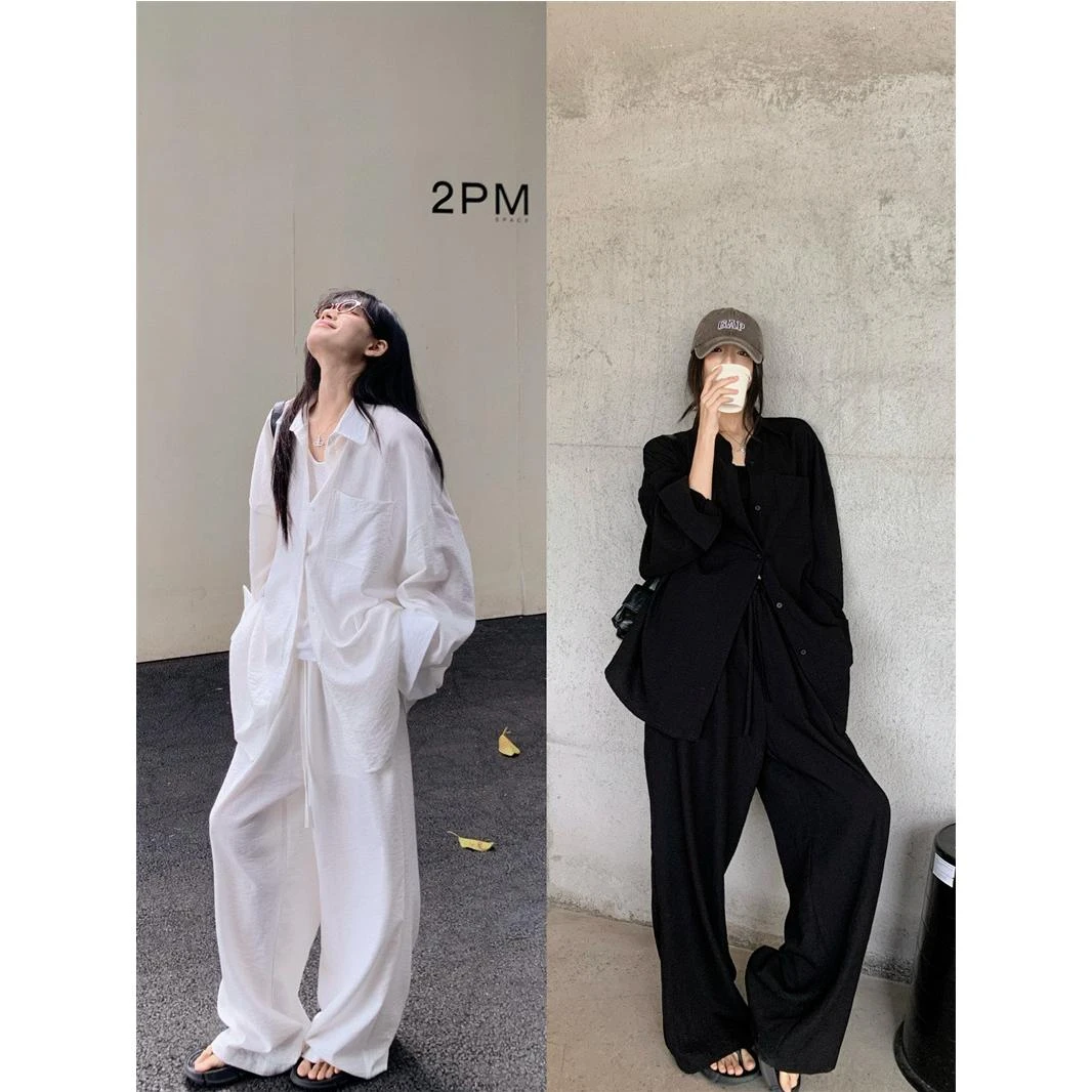 白色宽松慵0000懒风中长款长袖衬衫女春季亚麻套装休闲阔腿长裤阔