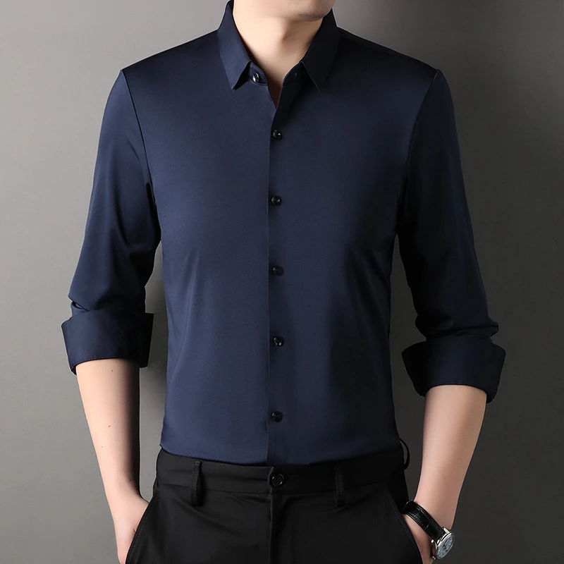 秋季衬衫长袖免烫春秋衬衣男士纯色无痕轻弹力商务新款翻领中青年