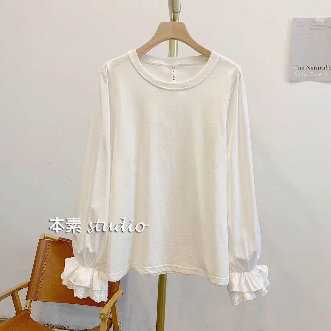 莲花白T C3479蕾丝边圆领长袖T恤