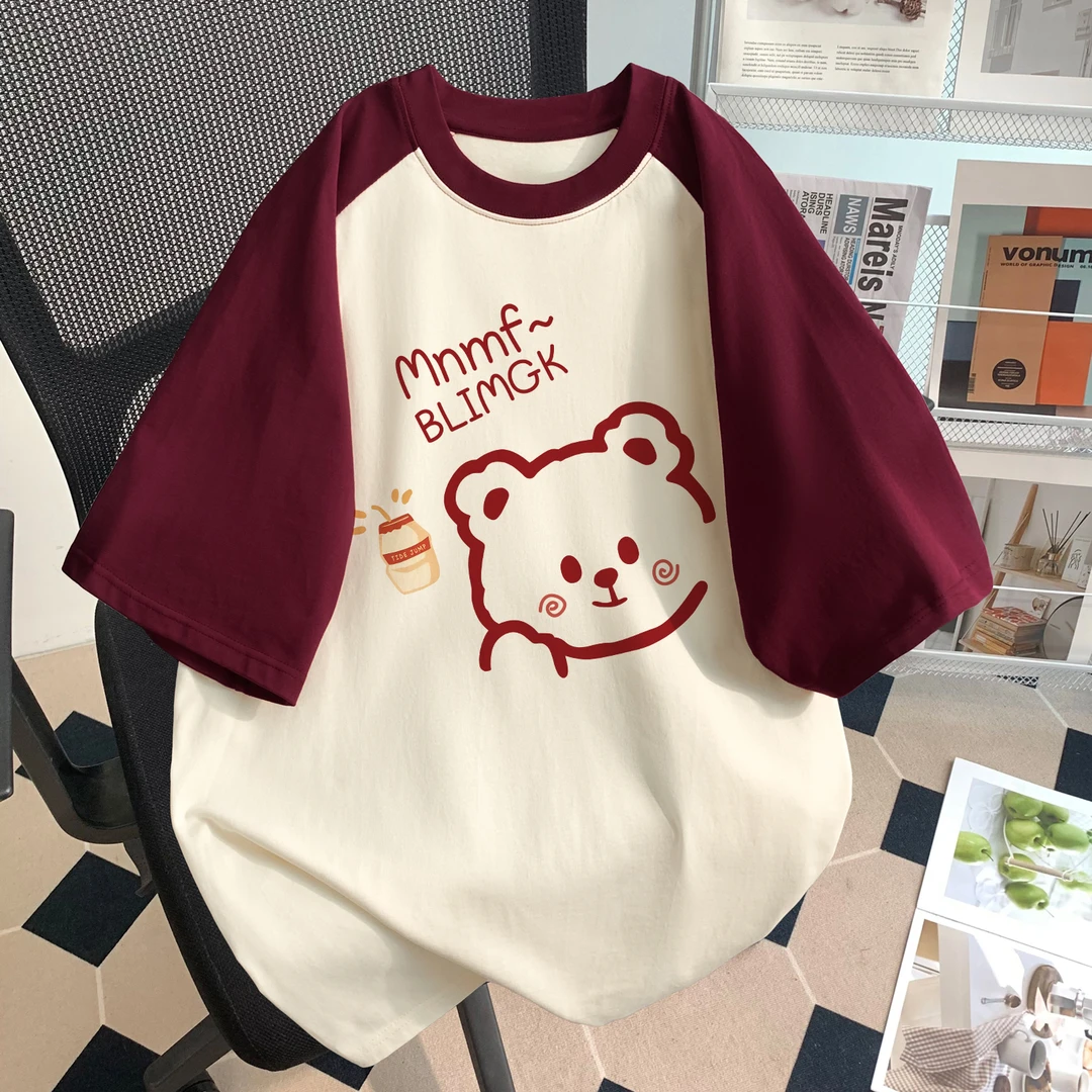 100%纯棉女童拼接短袖t恤字母线条小熊印花夏季中大童撞色上衣服