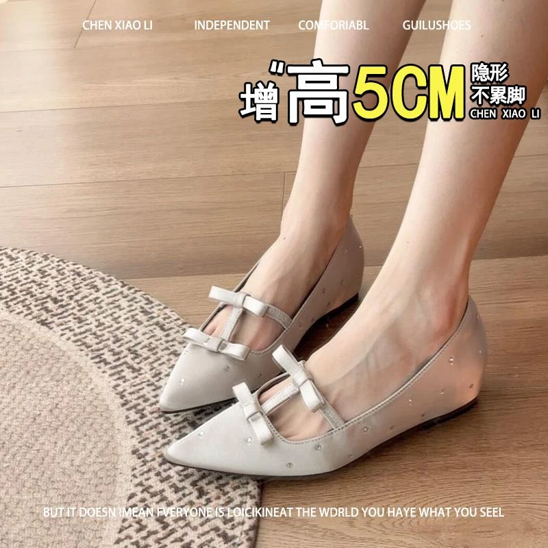 羊皮版~5cm小个子内增高法式灰色水钻蝴蝶结玛丽珍鞋女尖头平底鞋