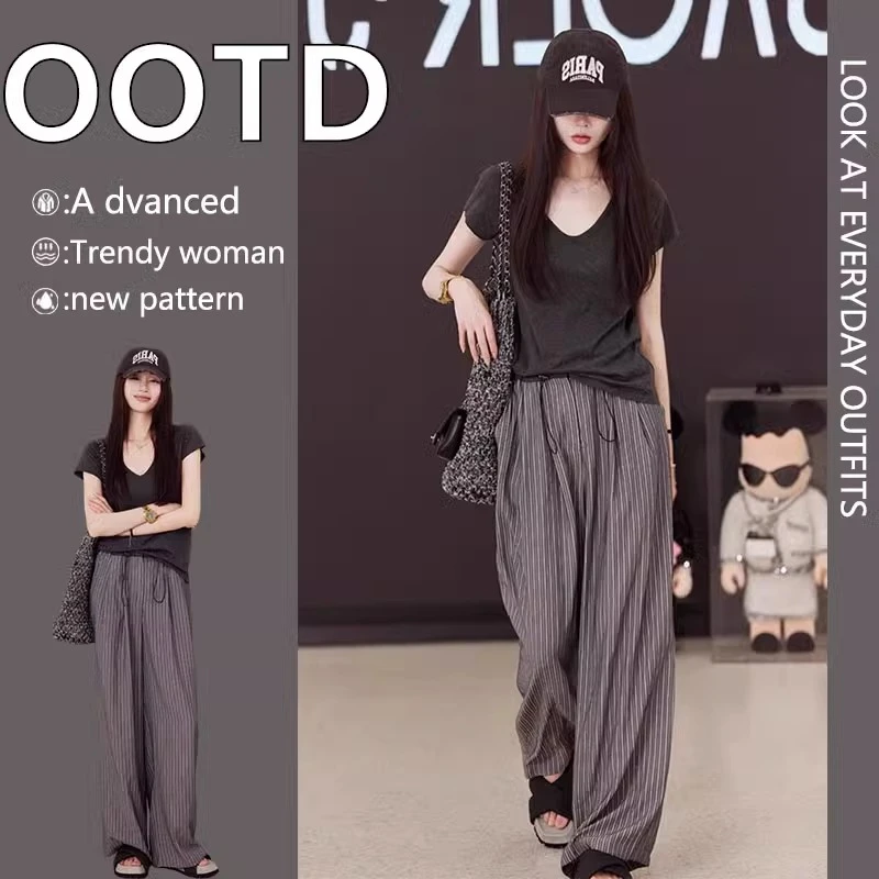 欧货炸街高级感网红时尚休闲t恤上衣女夏2025新款阔腿裤两件套装