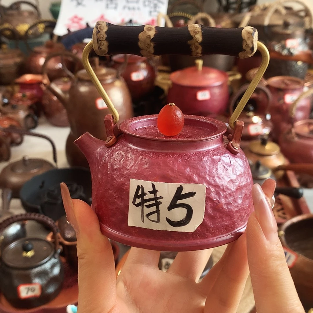 桂***园火烧红紫竹提梁石头纹提梁铜壶