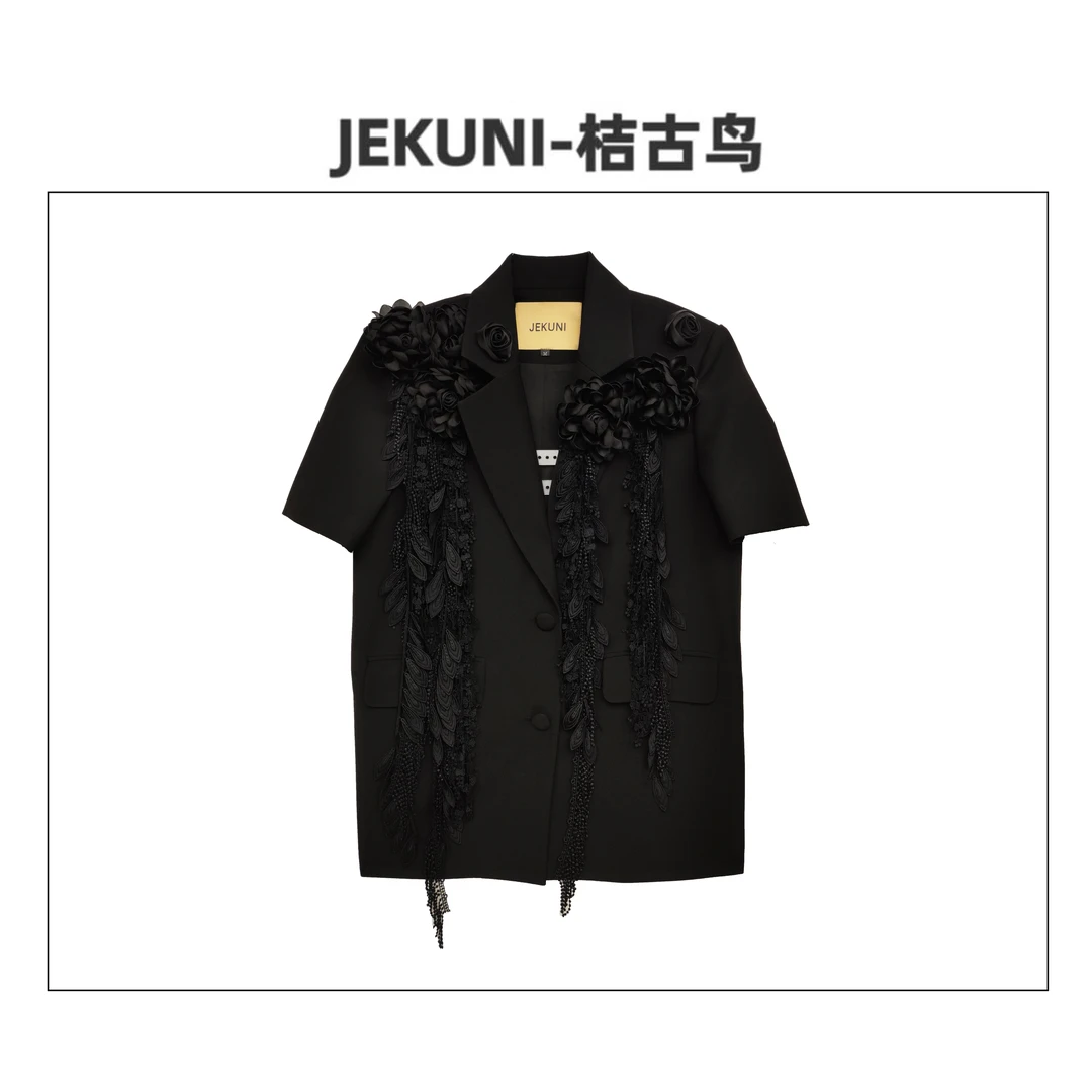 JEKUNI/桔古鸟【花之夏】夏季黑色短款拼接设计花蕾丝气质西装女