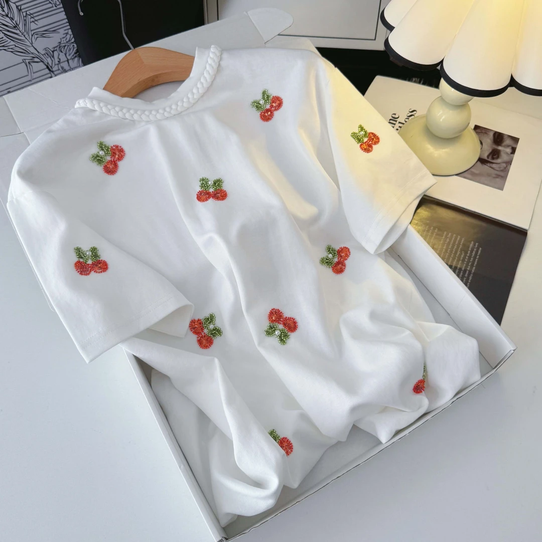 白色樱桃短袖简约休闲时尚T恤女上衣DP5882