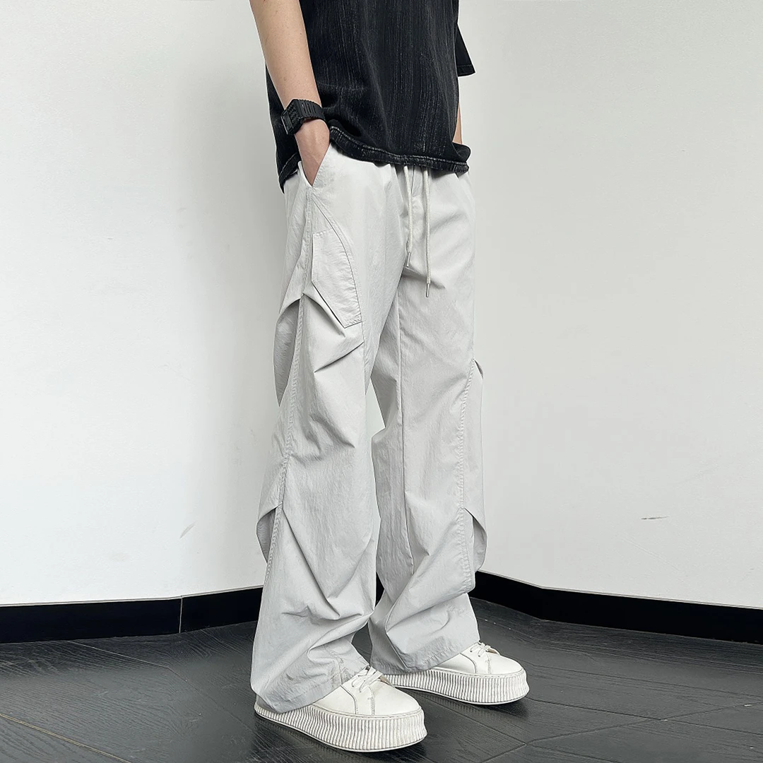 米白色速干伞兵工装裤男夏季薄款美式弯刀裤子直筒休闲褶皱冲锋裤