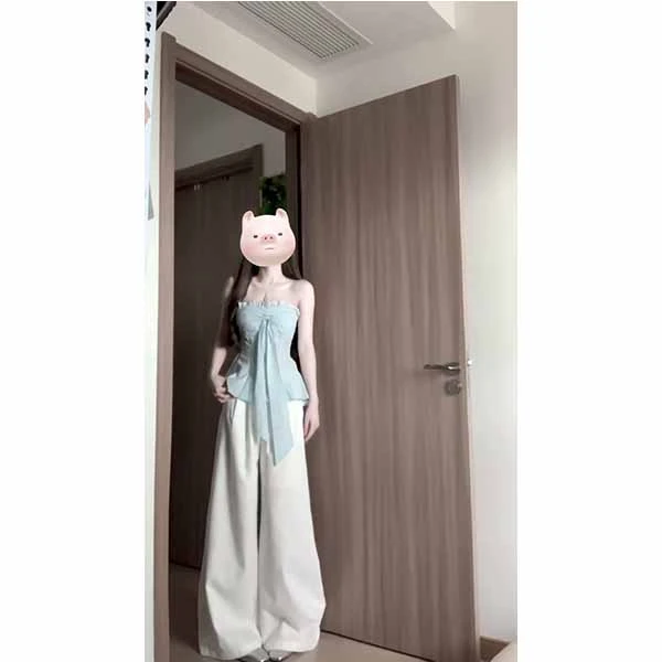 法式纯欲木耳边飘带蓝色抹胸背心韩系甜辣修身无袖小上衣长裤套装