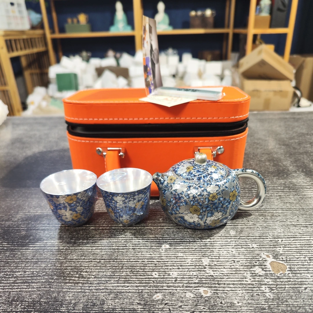 国宝窑周艺林冰梅鎏银一壶两杯橙手提盒套装