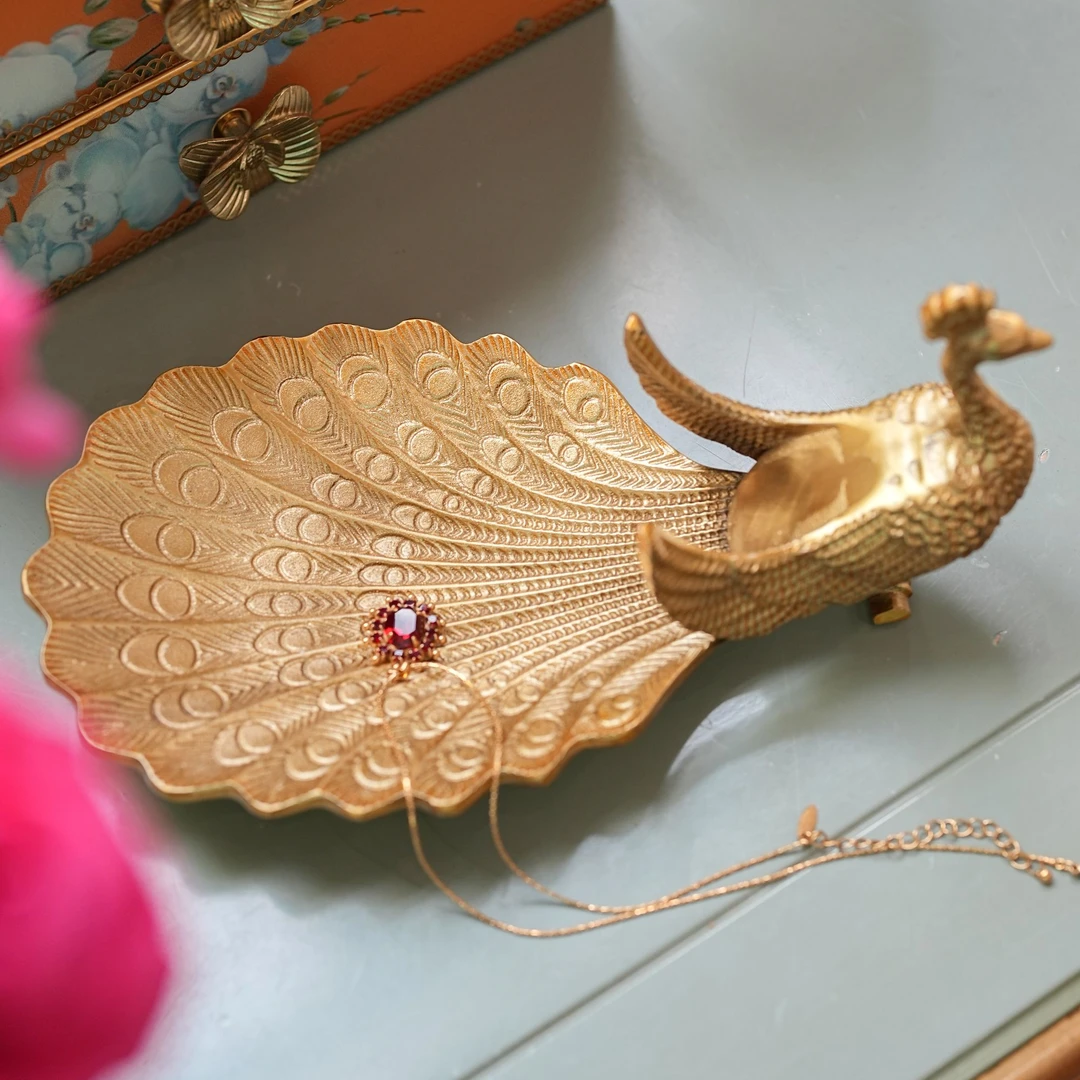 【奇居铜瓷】高档黄铜孔雀首饰托盘客厅玄关卧室收纳盘摆件#GY