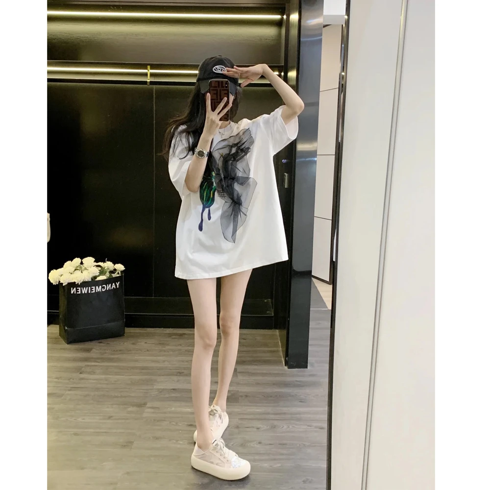 圆领短袖女t恤女装洋气时髦气质重工烫钻白色宽松时尚度假感穿搭