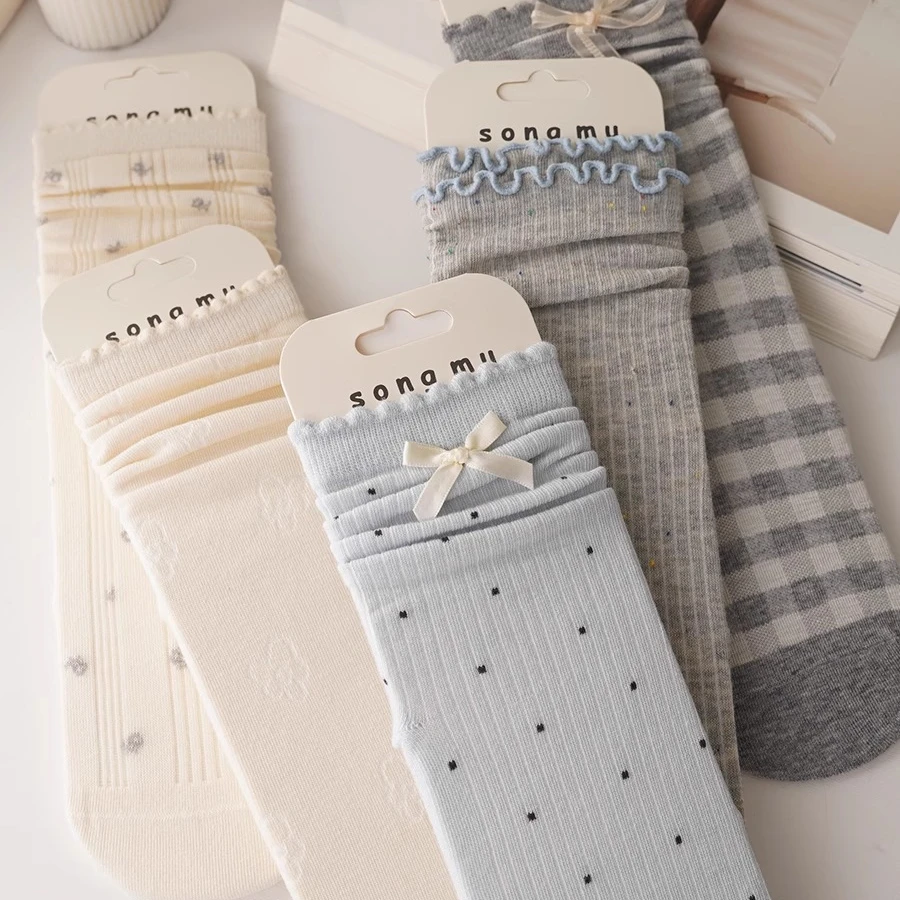 春夏季薄款袜子纯棉吸汗透气防臭堆堆袜甜系少女灰蓝色系无骨袜子