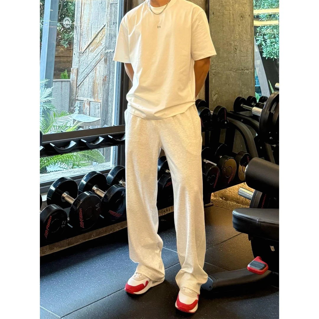 cleanfit白灰色弯刀卫裤男美式薄款健身运动裤子显瘦直筒微喇长裤