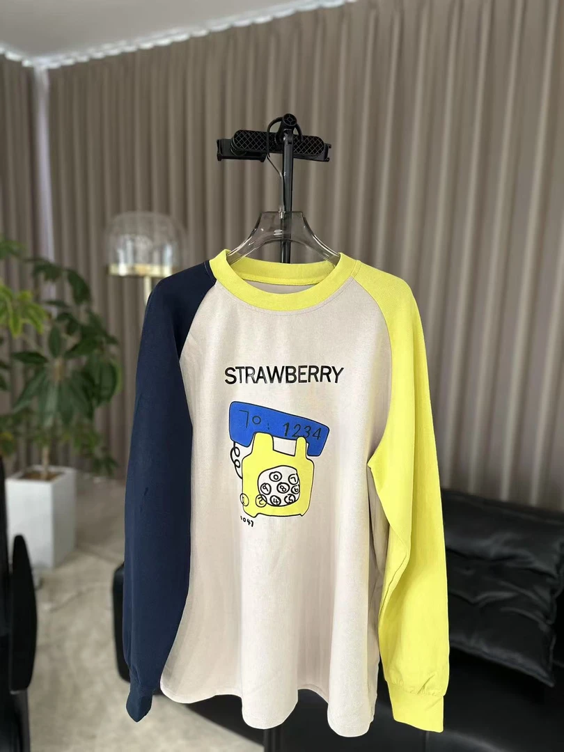 【柳青女装】2025春季新款T恤卡通图案宽松厚款拼色长袖T恤