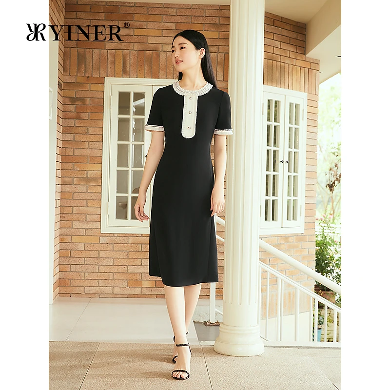 【雅致小黑裙】YINER音儿专选2025秋季新款撞色雪纺珠钻链连衣裙