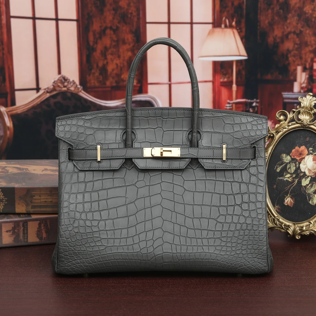 35cm雾面暹罗鳄鱼皮女包真皮时尚潮流铂金包手缝蜡线女士手提包