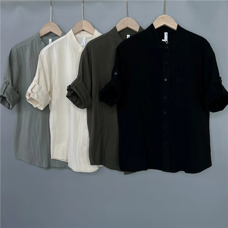 夏季百搭时尚潮流个性透气棉质外套男士休闲短袖衬衫复古水洗褂子