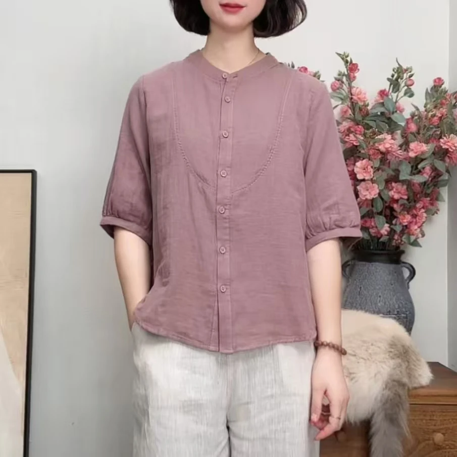 文艺拼接纯色棉麻半袖衬衫夏大码女装圆领单排扣气质百搭休闲衬衣