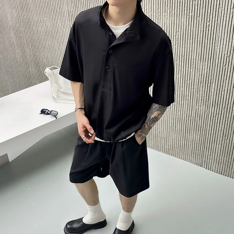 夏季新款莱赛尔时尚简约短袖短裤两件套休闲高级感男装套装16187