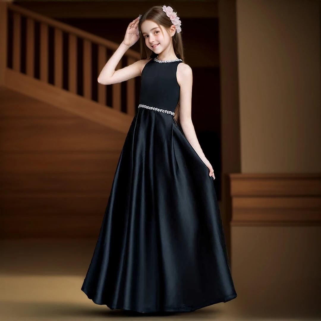 黑色缎面晚礼服女童小提琴钢琴演出服独唱小主持人女青少年礼服裙