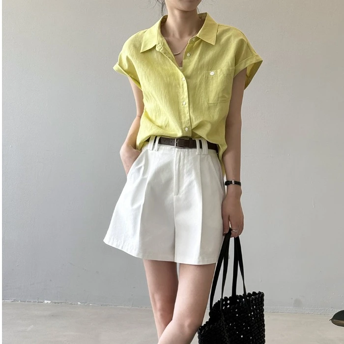 法式洋气时尚亚麻飞飞袖衬衫女夏季无袖落肩别致小衫气质休闲衬衣